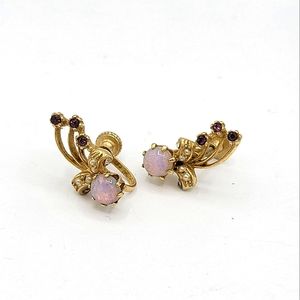 Mid Century Opal Glass Screw Back Earrings Gold Tone Floral Rhinestone Vintage